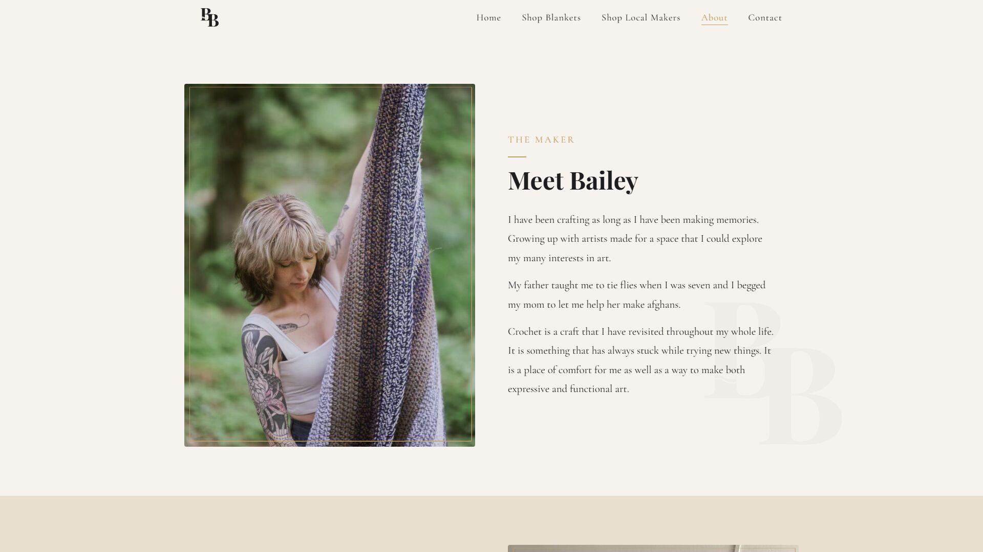 About page introducing Bailey, the maker, holding one of her blankets