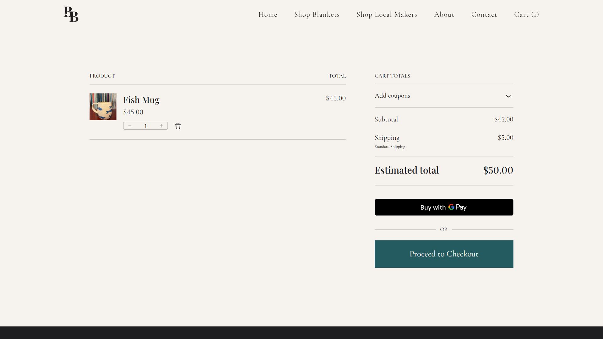 Bailey's Blankets cart with a one of a kind piece added, shipping, Google Pay and checkout
