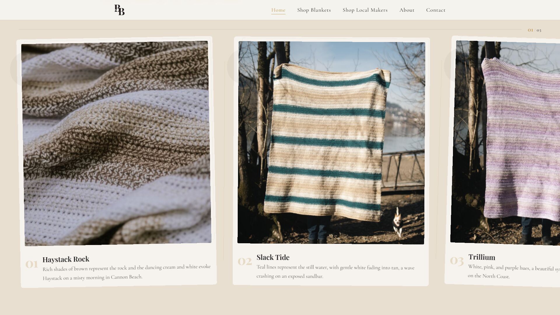 Featured blanket designs on the Bailey's Blankets homepage, shown as photo cards