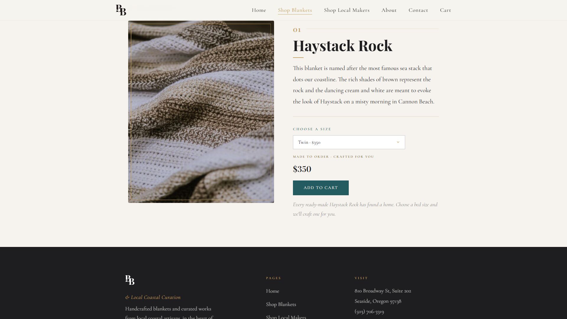 Haystack Rock blanket page with size picker and add to cart