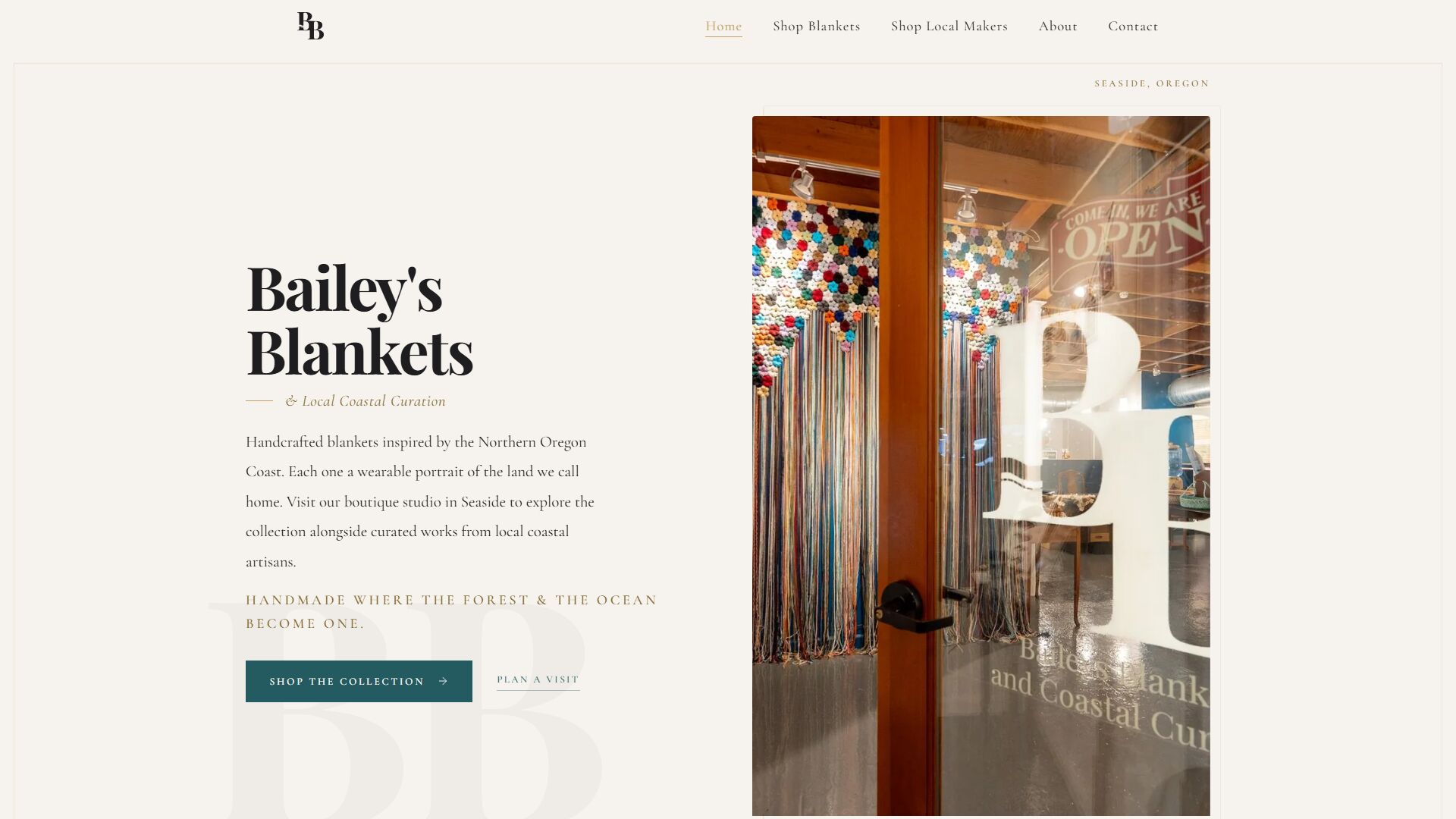 Bailey's Blankets homepage hero, the Seaside storefront seen through the shop window