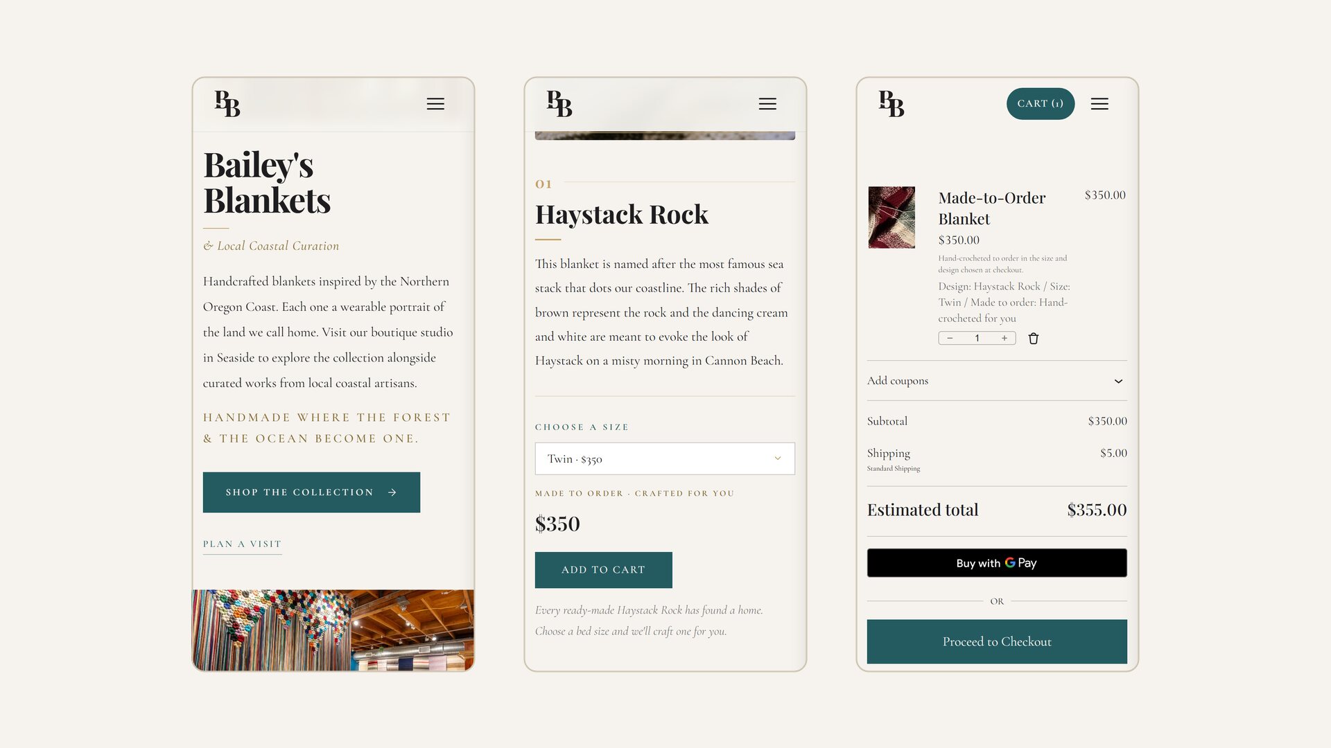 Bailey's Blankets on a phone: the home page, the Haystack Rock design with its size picker, and that blanket in the cart