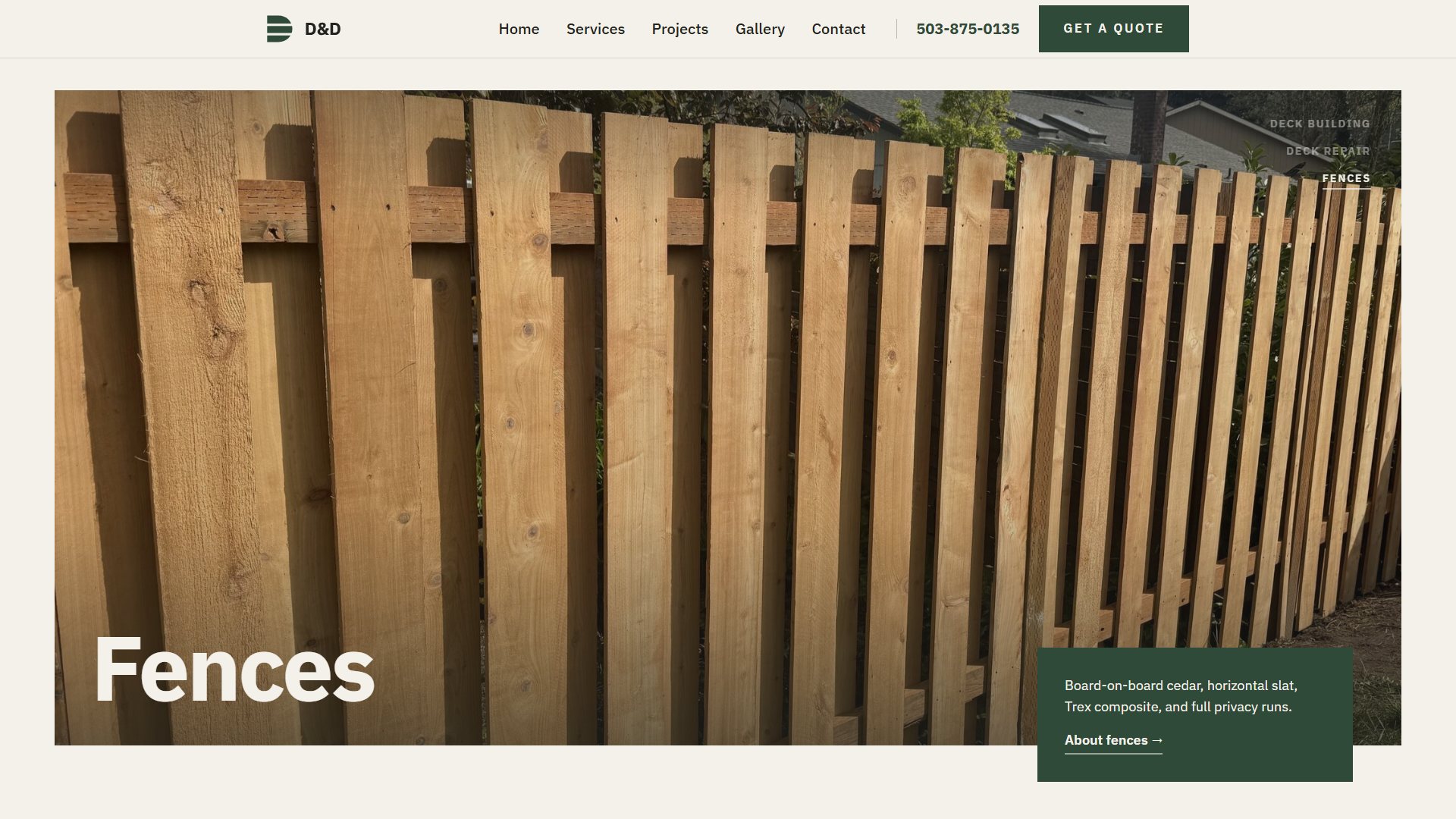 D&D Decking and More website - fences service panel