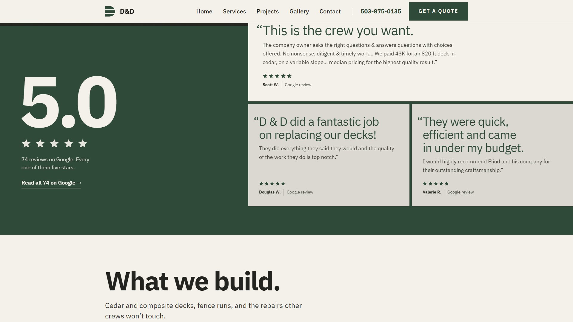 D&D Decking and More website - Google reviews section